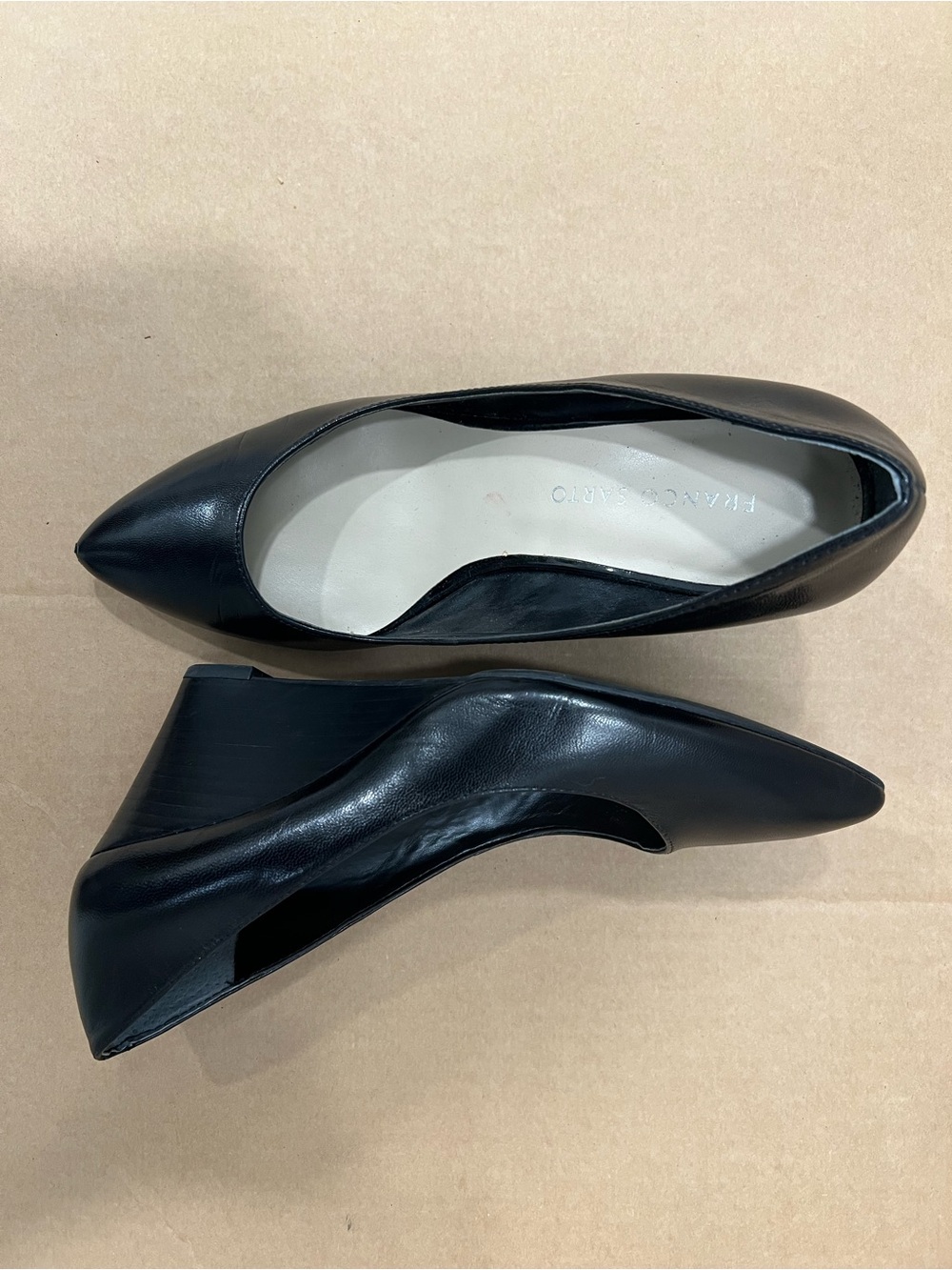 Franco Sarto Black Leather Pointed Wedge Heels